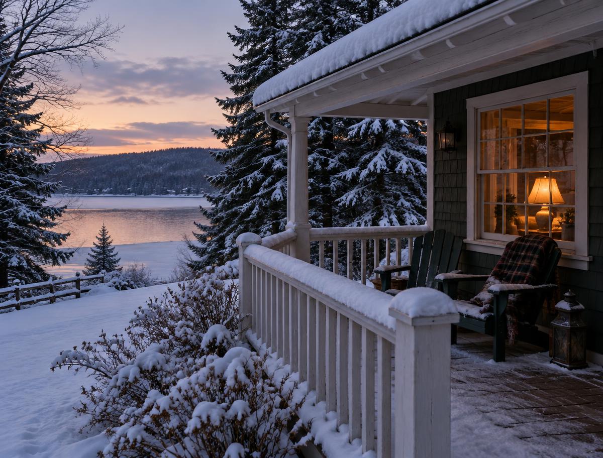A snowy cottage porch at dusk with a lamp glowing inside — illustrative imagery